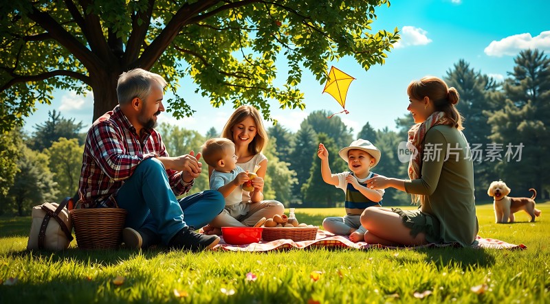 家庭野餐放风筝的快乐时光