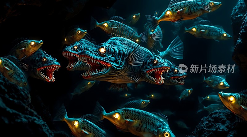 深海凶鱼发光的眼睛与锋利牙齿