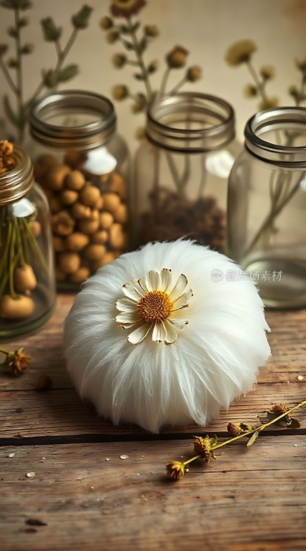 白色绒球与干花装饰的温馨静物画面