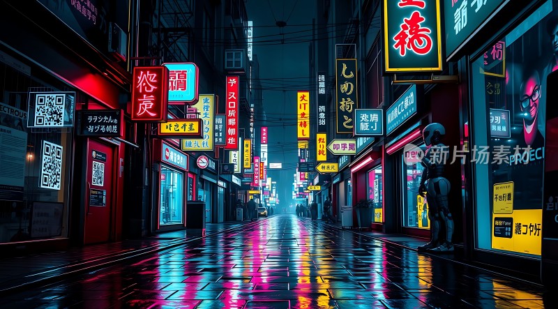 霓虹灯下的雨夜街头