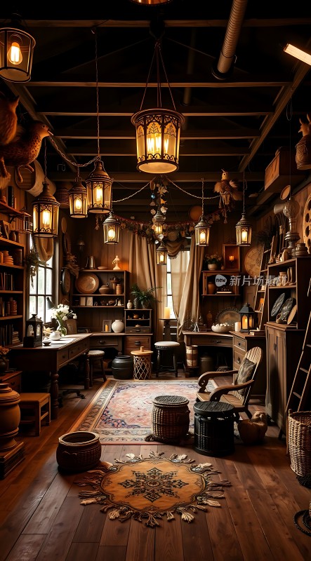 古色古香的书房木制家具与灯笼营造温馨氛围
