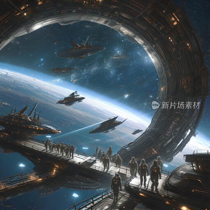 星际空间站上的宇航员与飞船群星辉映