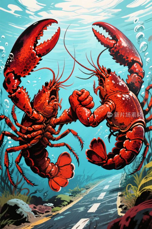 龙虾水中互动插画