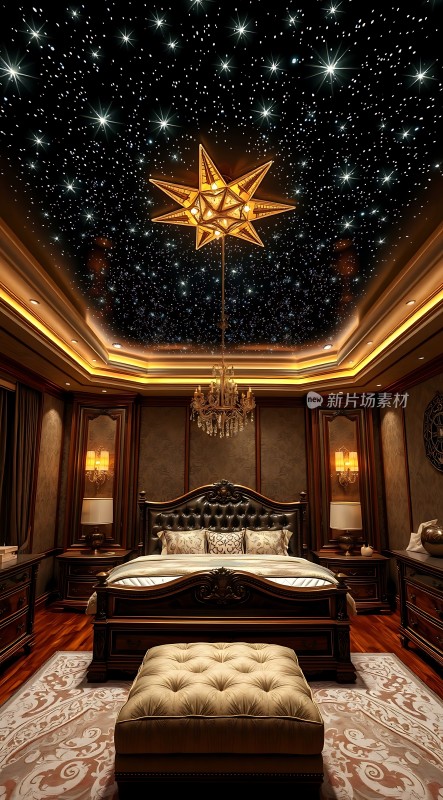 星空卧室豪华床铺璀璨吊灯温馨氛围