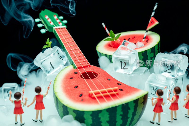 西瓜水果汁西瓜吉他微观小人摄影夏日冰封