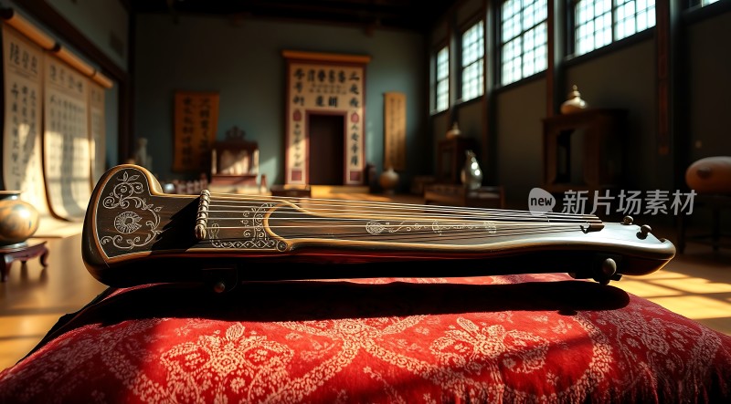 古筝静卧红毯上阳光洒落映华章