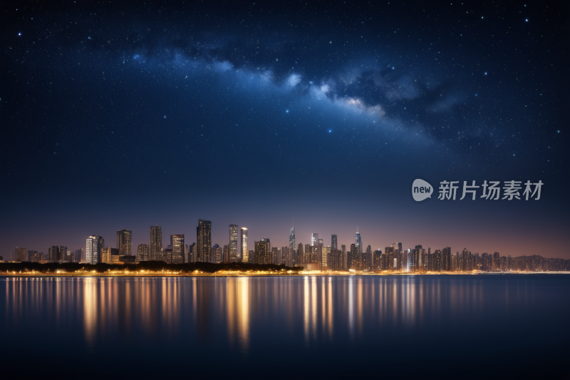 夜空星星和城市之光反射在水中背景纹理图片