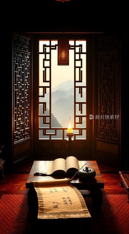 古风书房窗前书卷与墨香