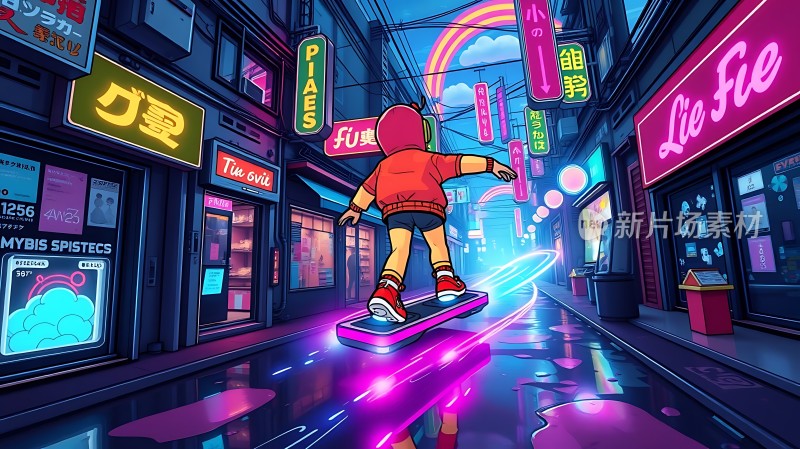 霓虹夜市滑板少年