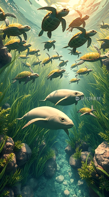 阳光下的海龟与海豚水下世界