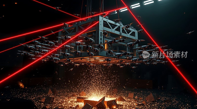 红色激光与金属结构碰撞火花四溅