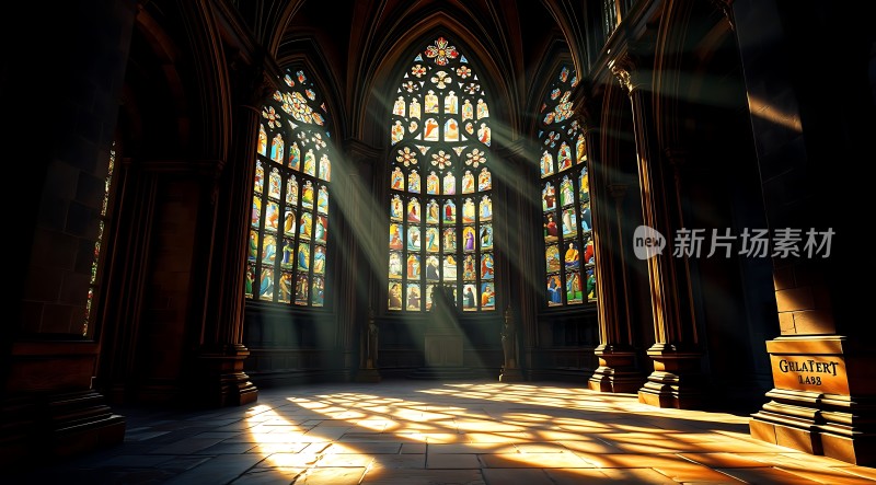 阳光洒满教堂内部彩色玻璃窗透出斑斓光影