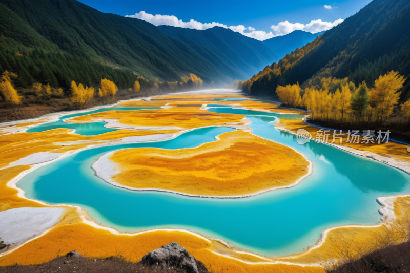 蓝水黄水的河流的景观高清风景图片