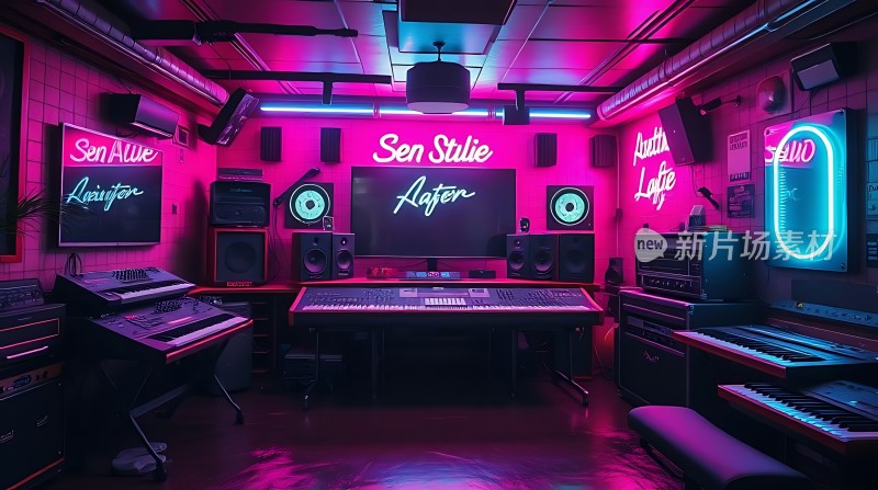 霓虹灯光下的音乐工作室