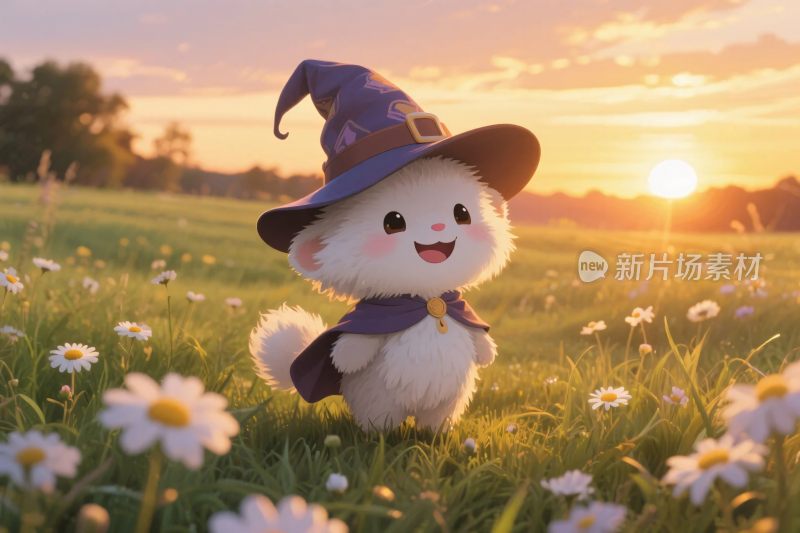 戴巫师帽的可爱小狗在花田