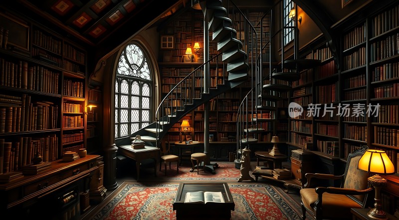 古色古香的书房螺旋楼梯与书架