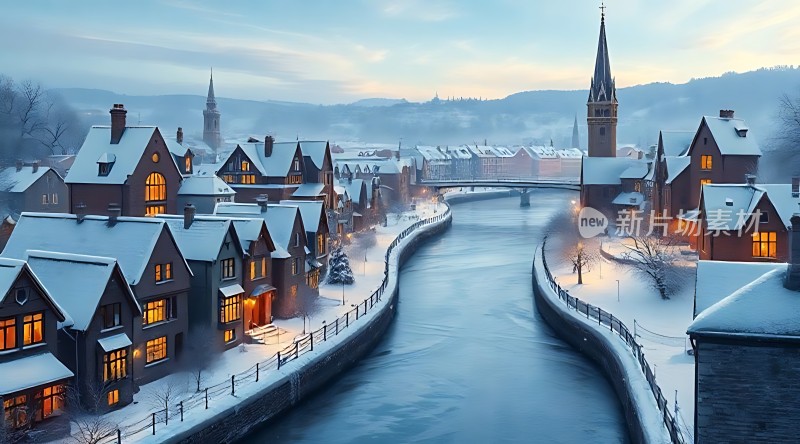 雪夜小镇温馨宁静