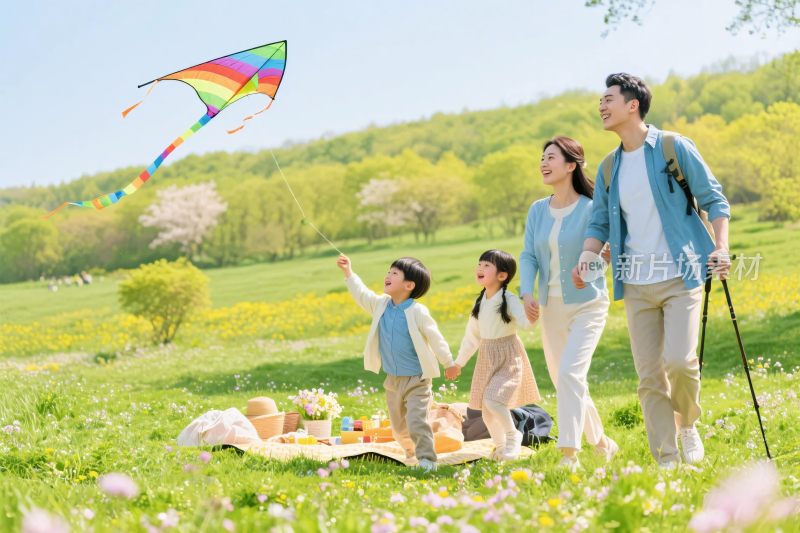 家庭户外踏青放风筝