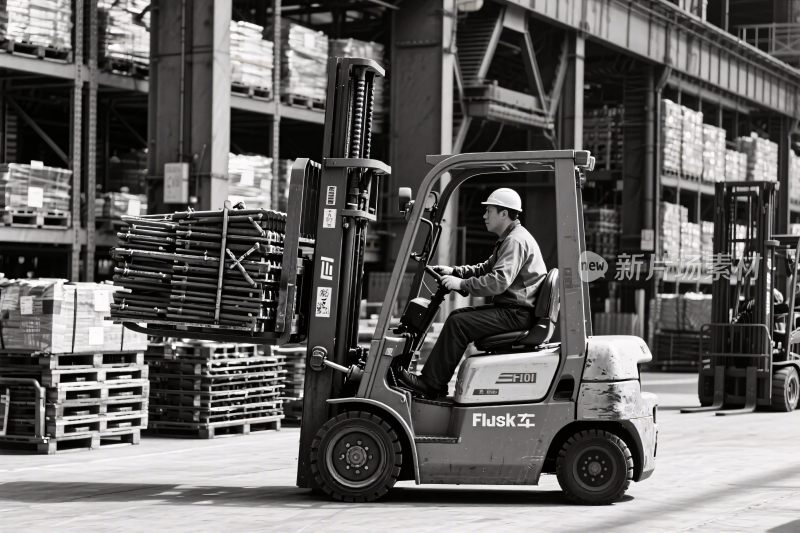 工人驾驶叉车在仓库作业