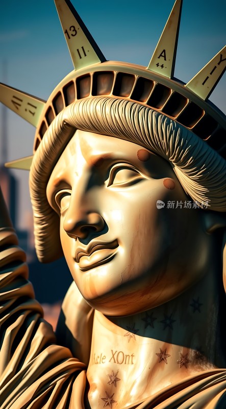 自由女神像特写细节精致阳光下的雕像面容清晰