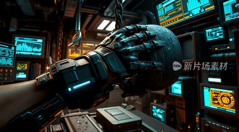 未来科技感十足的画面机械手臂与电子屏幕的结合令人印象深刻
