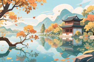 古风山水湖景插画