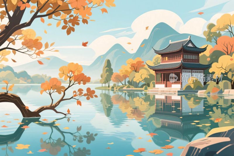 古风山水湖景插画