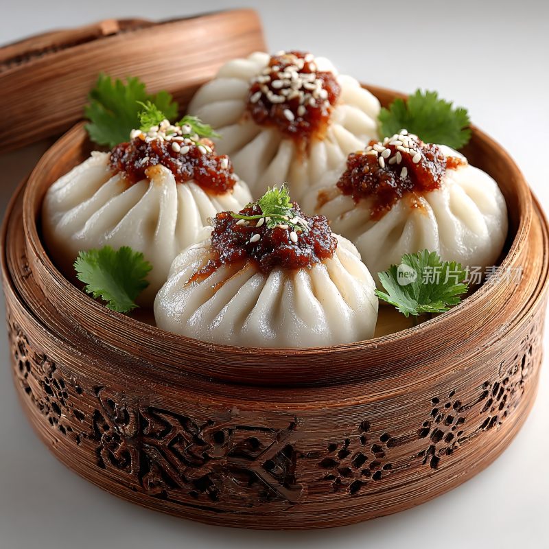 竹制蒸笼里的美味包子