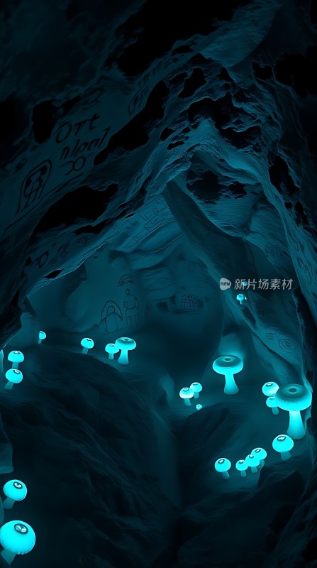 神秘洞穴中的荧光蘑菇