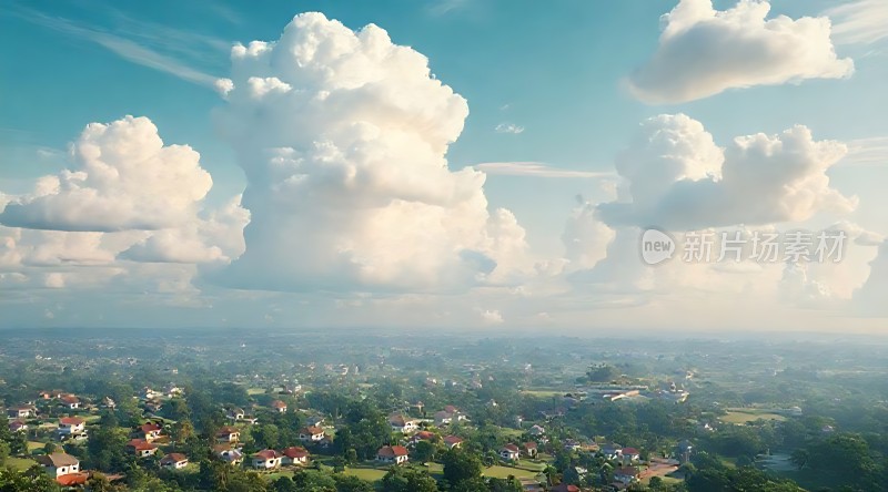 蓝天白云下的绿色小镇
