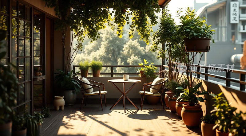 阳光午后绿意盎然的小阳台休闲时光