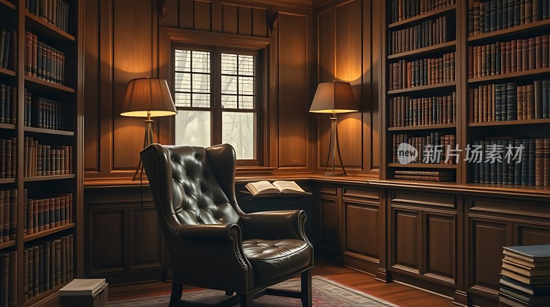 书房一角书架、椅子和台灯营造温馨氛围