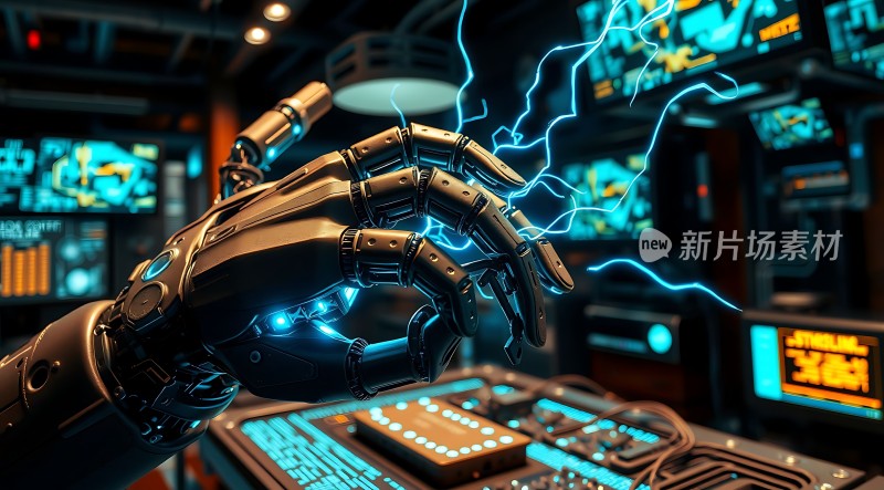 科技之握机械之手与电光交织的未来世界