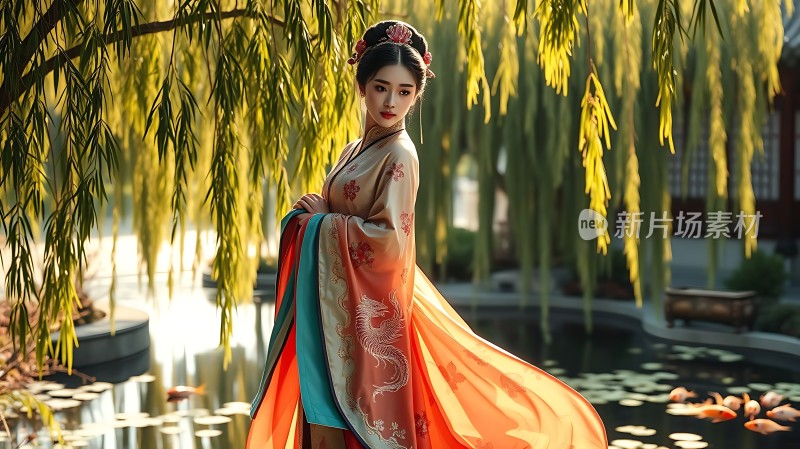 汉服佳人柳下 pond