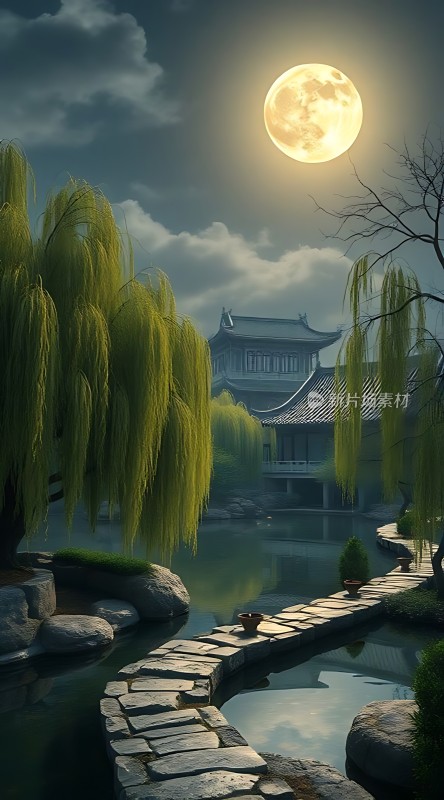 月下古院柳影婆娑