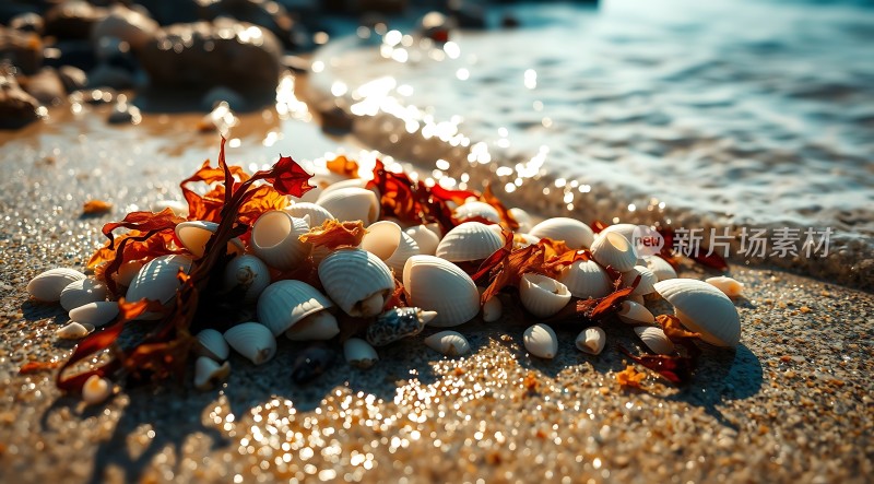 阳光下的贝壳与海藻