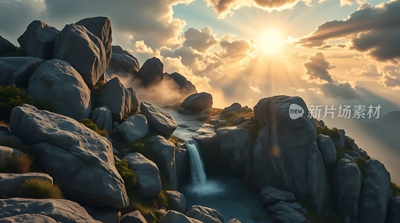日出时分的瀑布与岩石景观