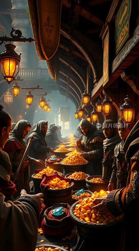 中世纪集市上的热闹交易场景