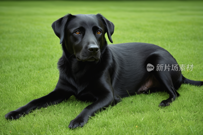 院子里的草地上躺着一只黑狗高清图片