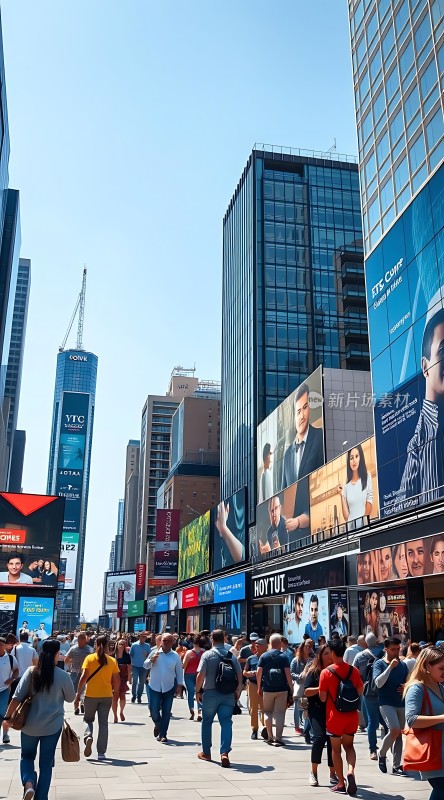 繁华都市街头高楼林立广告牌琳琅满目人群熙攘