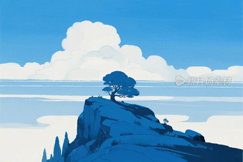 山巅孤树风景插画