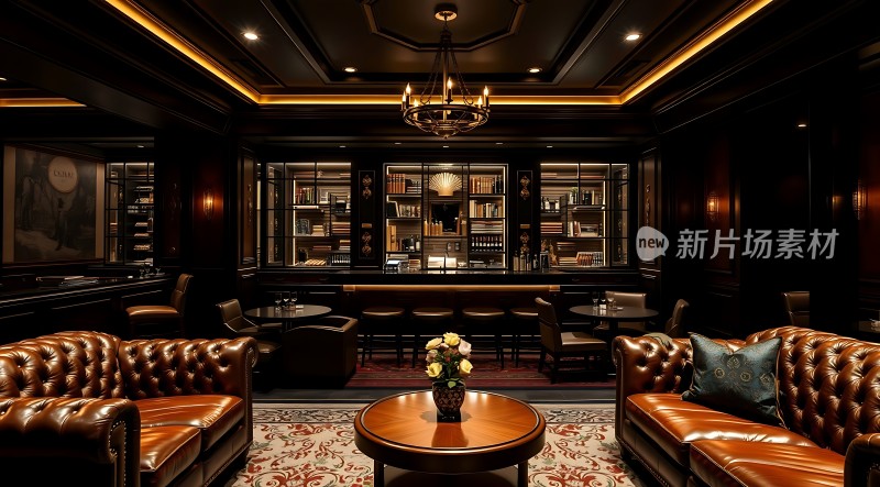 豪华书房古典优雅书架、沙发、吊灯尽显奢华