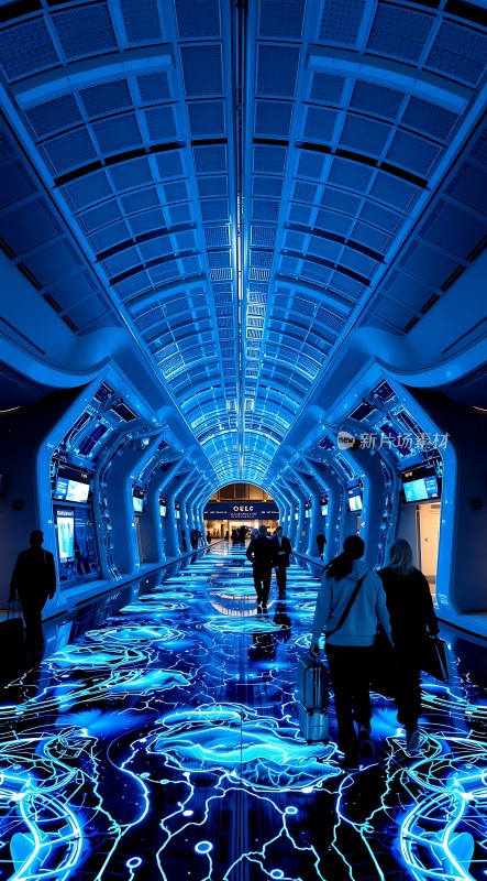科技感走廊未来主义风格蓝色灯光与电路图案地板