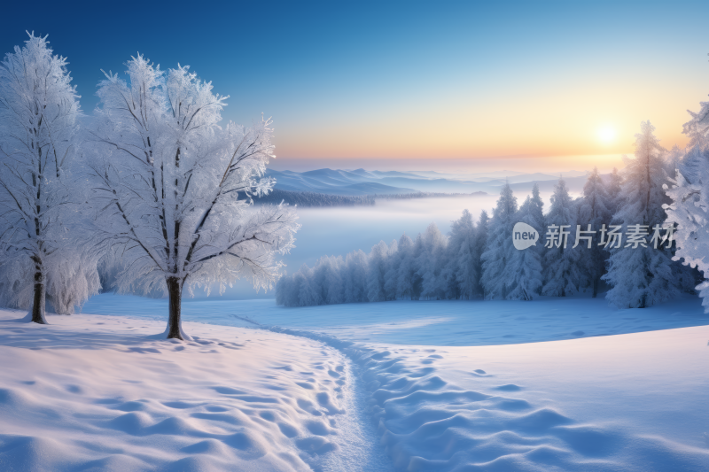 雪景有树木和通往山谷的小路高清图片