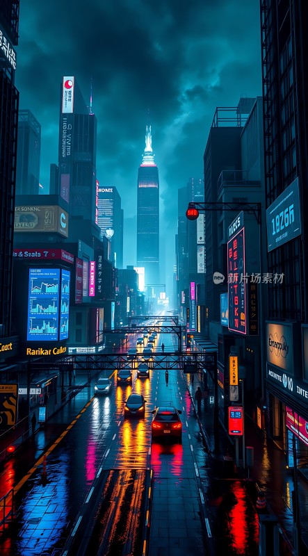 霓虹灯下的都市雨夜