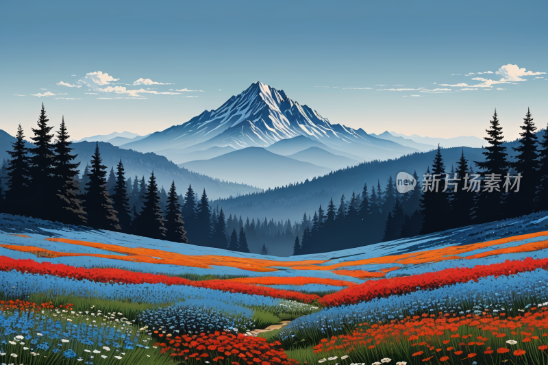 有林花山高清风景插画图片