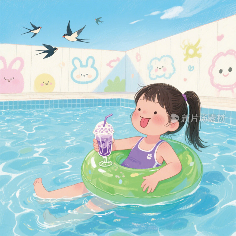 夏天节气游泳池女孩手绘插画