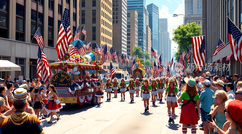 美国街头游行盛况国旗飘扬彩车华丽观众围观