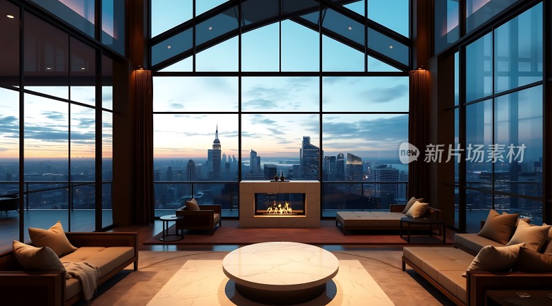 现代客厅全景视野城市景观
