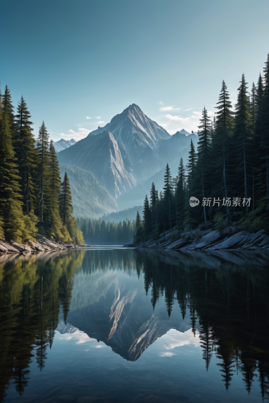 山倒映在被树木和蓝天包围的湖泊中风景